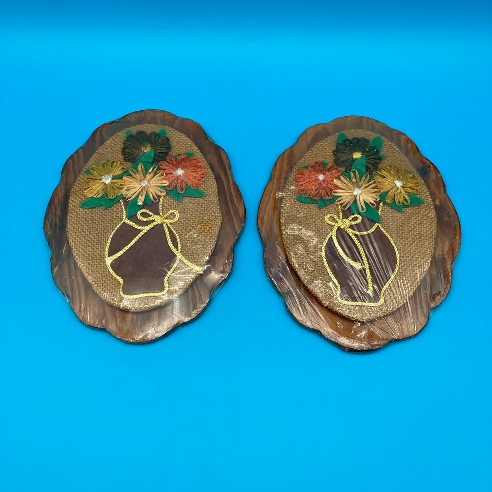 Vintage 1970s Miramichi Rehab Centre Straw Flower Wall Art Plaques, Pair